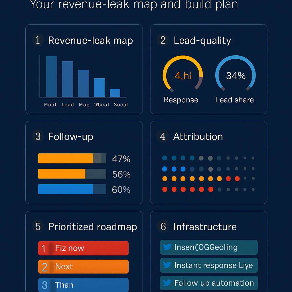 GrowthBlueprint Audit sample deliverable showing a revenue-leak map, lead-quality and response-speed review, follow-up and booking gap analysis, attribution assessment, a prioritized roadmap, and the custom-by-scope infrastructure definition. Illustrative deliverable; figures are sample, not verified client results.
